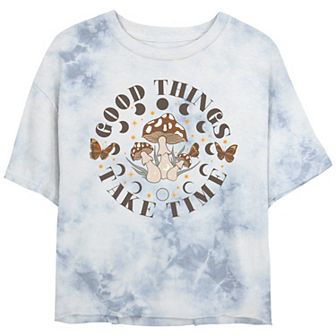 Juniors' Good Things Mushrooms And Moons Bombard Wash Graphic Crop Tee