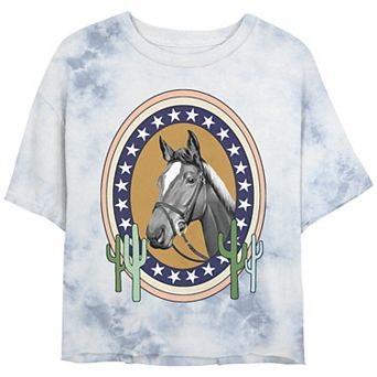 Juniors' Horse Draw Star Badge Bombard Wash Graphic Crop Tee