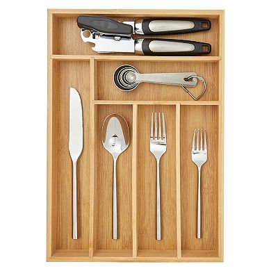 Narrow Wooden Silverware Drawer Organizer, Wooden Cutlery Tray Holder for Kitchen, Flatware & Utensil Storage with 6 Slots, 14.5 x 10.25 x 1.75 Inches