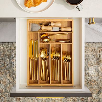 Narrow Wooden Silverware Drawer Organizer, Wooden Cutlery Tray Holder for Kitchen, Flatware & Utensil Storage with 6 Slots, 14.5 x 10.25 x 1.75 Inches