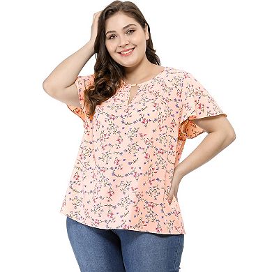 Women's Plus Size Chiffon Floral Keyhole Neck Flutter Sleeve Casual Top Blouse
