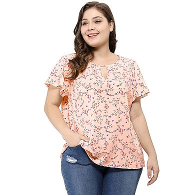 Women's Plus Size Chiffon Floral Keyhole Neck Flutter Sleeve Casual Top Blouse