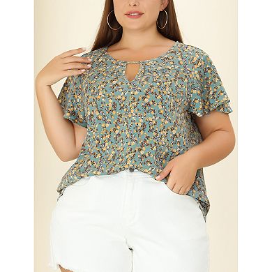 Women's Plus Size Floral Keyhole Chiffon Flared Sleeve Top