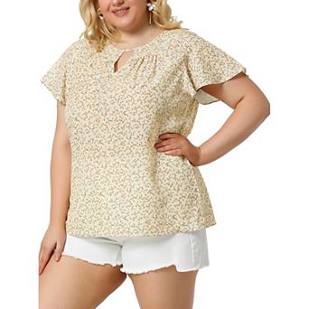 Women's Plus Size Chiffon Floral Keyhole Neck Flutter Sleeve Casual Blouse