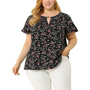 Women's Plus Size Chiffon Floral Keyhole Neck Flutter Sleeve Casual Blouse