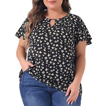 Women's Plus Size Chiffon Floral Keyhole Neck Flutter Sleeve Casual Blouse