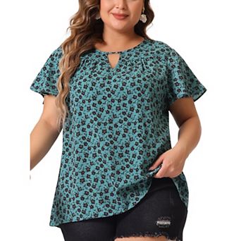 Women's Plus Size Chiffon Floral Keyhole Neck Flutter Sleeve Casual Blouse
