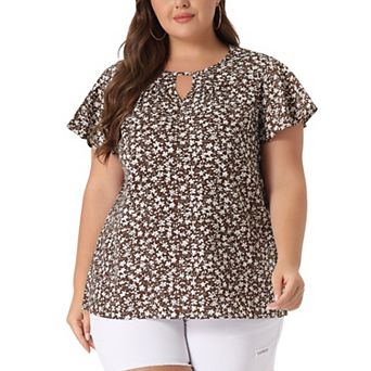 Women's Plus Size Chiffon Floral Keyhole Neck Flutter Sleeve Casual Blouse