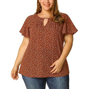 Women's Plus Size Chiffon Floral Keyhole Neck Flutter Sleeve Casual Blouse