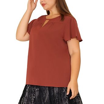 Women's Plus Size Chiffon Floral Keyhole Neck Flutter Sleeve Casual Blouse