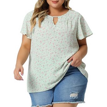 Women's Plus Size Chiffon Floral Keyhole Neck Flutter Sleeve Casual Blouse