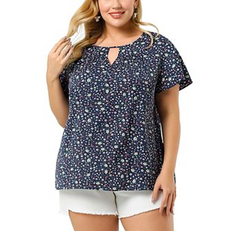 Women's Plus Size Chiffon Floral Keyhole Neck Flutter Sleeve Casual Blouse