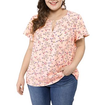 Women's Plus Size Chiffon Floral Keyhole Neck Flutter Sleeve Casual Blouse