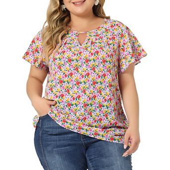 Women's Plus Size Chiffon Floral Keyhole Neck Flutter Sleeve Casual Blouse