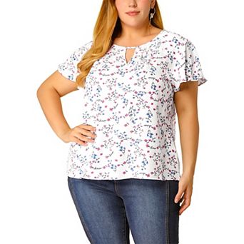 Women's Plus Size Chiffon Floral Keyhole Neck Flutter Sleeve Casual Blouse