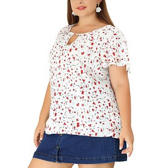 Women's Plus Size Chiffon Floral Keyhole Neck Flutter Sleeve Casual Blouse