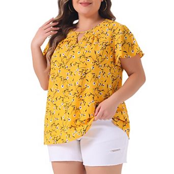 Women's Plus Size Chiffon Floral Keyhole Neck Flutter Sleeve Casual Blouse