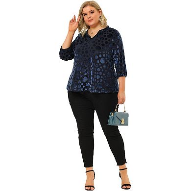 Women's Plus Size Velvet Semi Sheer Polka dots Peplum Blouse