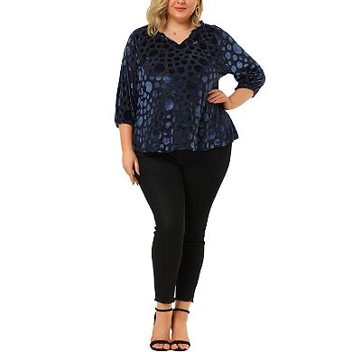 Women's Plus Size Velvet Semi Sheer Polka dots Peplum Blouse