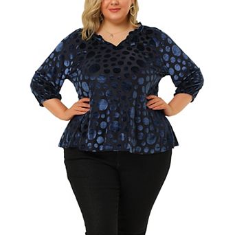 Women's Plus Size Velvet Semi Sheer Polka dots Peplum Blouse
