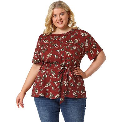 Women's Plus Size Short Sleeve Tie Waist Chiffon Ditsy Floral Blouse