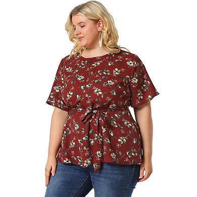 Women's Plus Size Short Sleeve Tie Waist Chiffon Ditsy Floral Blouse