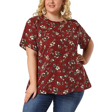 Women's Plus Size Short Sleeve Tie Waist Chiffon Ditsy Floral Blouse