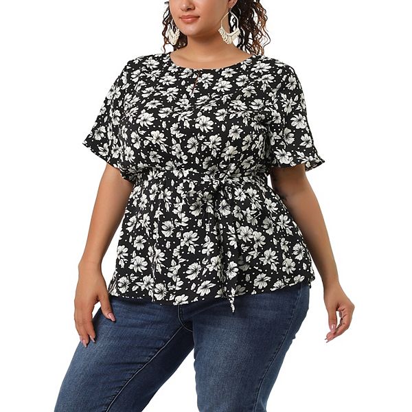 Women's Plus Size Short Sleeve Tie Waist Chiffon Ditsy Floral Blouse