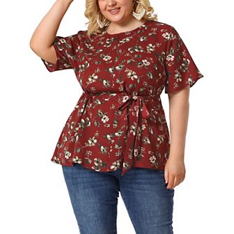 Women's Plus Size Short Sleeve Tie Waist Chiffon Ditsy Floral Blouse