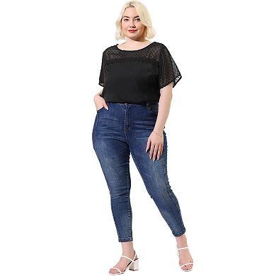 Women's Plus Size Summer Polka Dots Top Panel Short Sleeve Plain Blouse Top