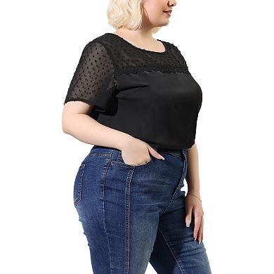 Women's Plus Size Summer Polka Dots Top Panel Short Sleeve Plain Blouse Top
