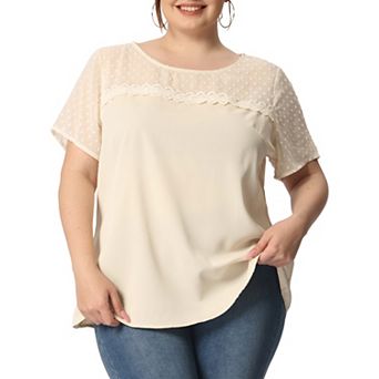Women's Plus Size Summer Polka Dots Top Panel Short Sleeve Plain Blouse Top