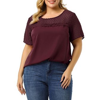 Women's Plus Size Summer Polka Dots Top Panel Short Sleeve Plain Blouse Top