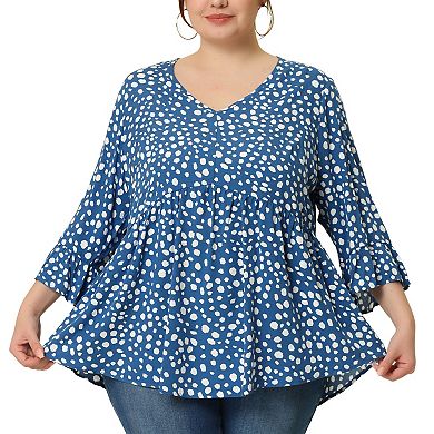 Women's Plus Size Peplum Tunic Polka Dots 3/4 Sleeve Babydoll Blouse