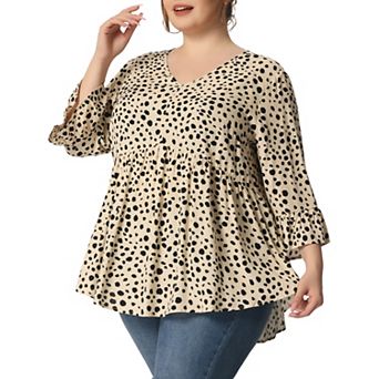 Women's Plus Size Peplum Tunic Polka Dots 3/4 Sleeve Babydoll Blouse