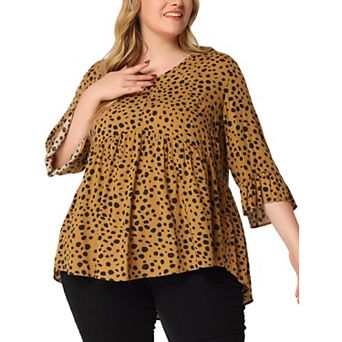 Women's Plus Size Peplum Tunic Polka Dots 3/4 Sleeve Babydoll Blouse