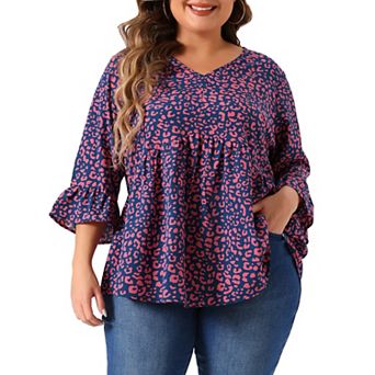 Women's Plus Size Peplum Tunic Polka Dots 3/4 Sleeve Babydoll Blouse