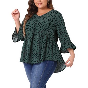 Women's Plus Size Peplum Tunic Polka Dots 3/4 Sleeve Babydoll Blouse