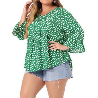 Women's Plus Size Peplum Tunic Polka Dots 3/4 Sleeve Babydoll Blouse