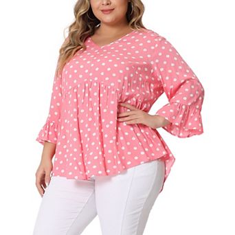 Women's Plus Size Peplum Tunic Polka Dots 3/4 Sleeve Babydoll Blouse