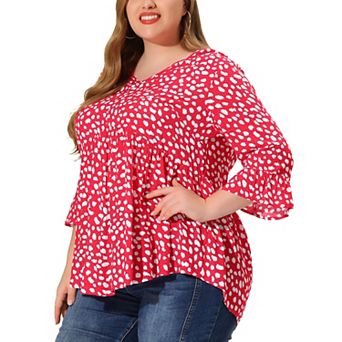 Women's Plus Size Peplum Tunic Polka Dots 3/4 Sleeve Babydoll Blouse