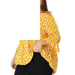 Yellow Acetate Satin Chiffon 3 4 Sleeve Shirts For Women High End