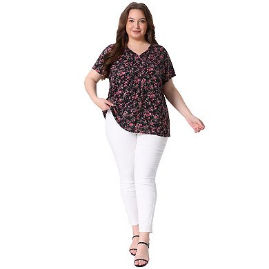 Women's Plus Size Tops Tie Neck Short Sleeve Pleated Floral Summer Tops