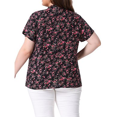 Women's Plus Size Tops Tie Neck Short Sleeve Pleated Floral Summer Tops