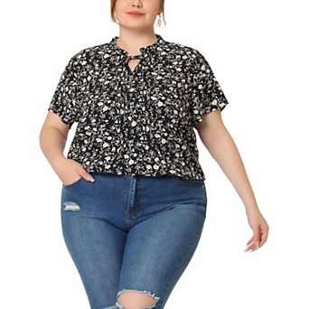 Women's Plus Size Tops Tie Neck Short Sleeve Pleated Floral Summer Tops