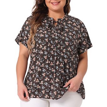 Women's Plus Size Tops Tie Neck Short Sleeve Pleated Floral Summer Tops