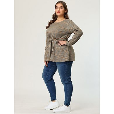Women's Plus Size Work Formal Long Sleeve Houndstooth Tie Waist Blouse