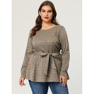 Women's Plus Size Work Formal Long Sleeve Houndstooth Tie Waist Blouse