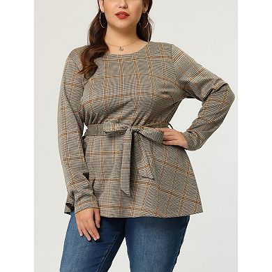 Women's Plus Size Work Formal Long Sleeve Houndstooth Tie Waist Blouse
