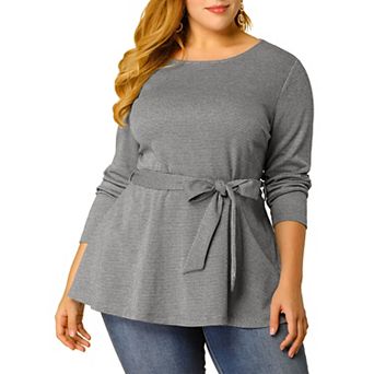 Women's Plus Size Work Formal Long Sleeve Houndstooth Tie Waist Blouse